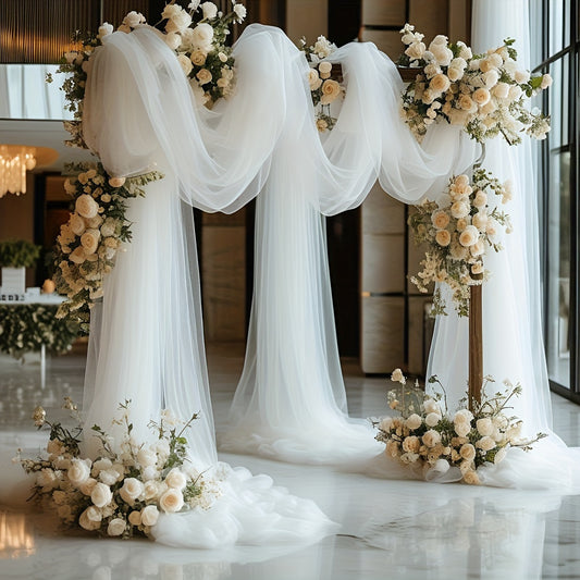 Elegant 26.2ft White Chiffon Wedding Arch Curtain - Solid Color Polyester Rectangle Table Runner for Engagements, Weddings, Valentine'S Day & More - Woven, 100% Polyester Filling & Lining, Ideal for Outdoor Celebrations, Brid