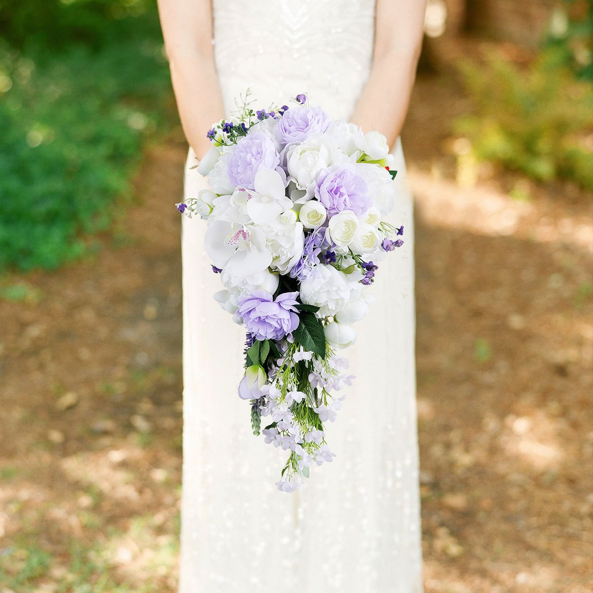 18" Elegant White & Purple Phalaenopsis Bridal Bouquet - Rustic Waterfall Cascading Artificial Flowers with Hydrangeas, Roses & Baby’s Breath for Weddings and Engagements, Wedding Bouquets for Bride