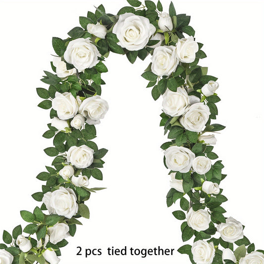 4pcs 26.2ft White Rose Garland, Artificial Silky Flower Vines, Fake Floral Hanging Decor for Wedding Arch, Engagement, Home, Garden, Outdoor Wall - Plastic, No Electricity or Battery Needed